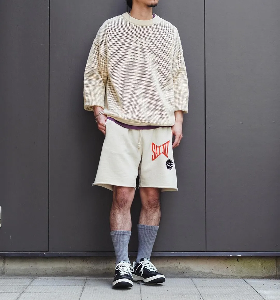 SAINT Mxxxxxx 'SAINT' SWEAT SHORTS/GRY/BLK embroidered SAINT LOGO basic shorts, distressed gray/washed black S-XL, four needles and six threads throughout, produced by a major domestic factory, imported Tajima machine embroidery, washed and distressed, original version